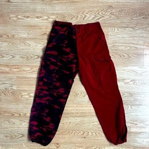 Red cargo pants with camouflage pattern on one leg